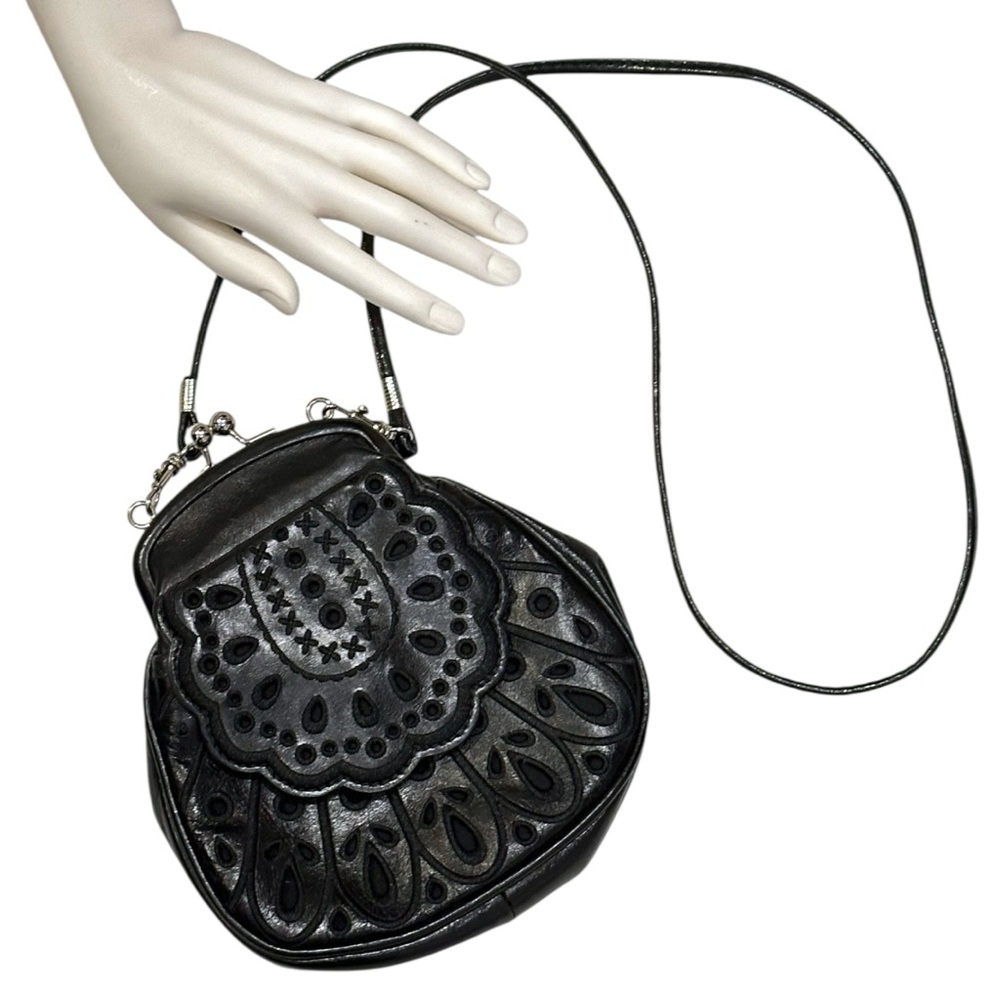 Brighton Jolie Embroidered Eyelet Black Leather Kisslock Crossbody Bag